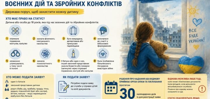 Інформаційний постер українською з текстом про «Статус дитини, яка постраждала внаслідок воєнних дій та збройних конфліктів». Ліворуч — перелік критеріїв, хто має право на статус, хто може подати заяву та як це зробити. Праворуч — ілюстрація дівчинки у синій худі з ведмедиком, яка дивиться у вікно на місто зруйноване війною; на склі — дитячі малюнки сонця, серця та напис «Все буде Україна!».
