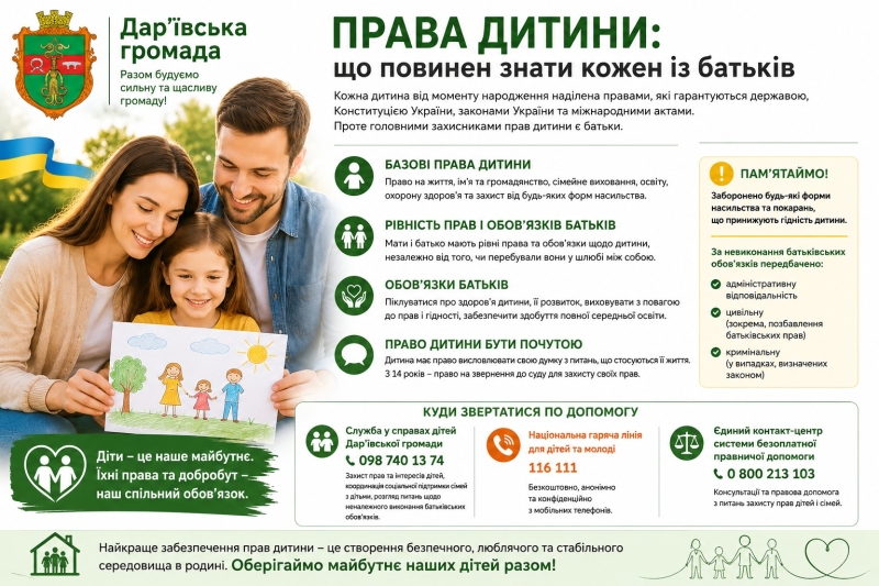 Ілюстрований постер із зображенням усміхненої родини з малюнком сонця та дерева. Угорі — герб Дар’ївської громади та український прапор. Текст українською пояснює базові права дитини, обов’язки батьків та контакти служб захисту дітей.