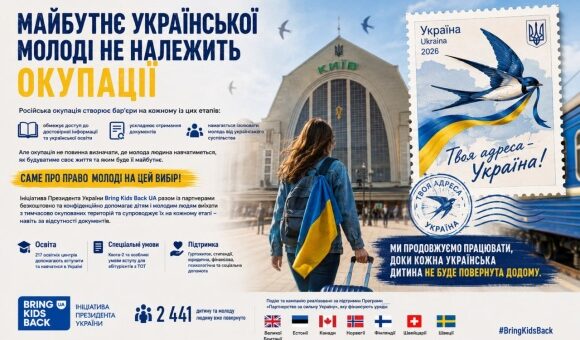Інформаційний постер українською мовою: молода людина з валізою та українським прапором стоїть перед Київським вокзалом; праворуч стилізована поштова марка з ластівкою та написом “Твоя адреса — Україна!”; текст повідомляє про ініціативу Президента України Bring Kids Back UA, спрямовану на повернення незаконно вивезених дітей; унизу логотипи організацій‑партнерів та прапори різних країн