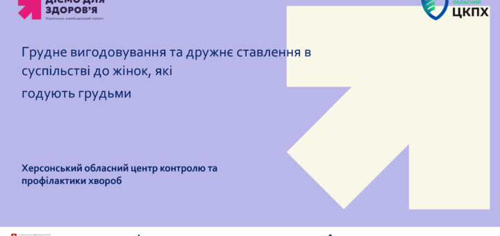 Інформаційний постер із світло‑фіолетовим тлом; великий напис “Діємо для здоров’я”; текст про грудне вигодовування та підтримку жінок; логотипи українських та швейцарських організацій у нижній частині