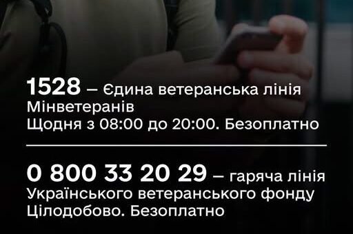 Інформаційний постер українською мовою: людина тримає смартфон на тлі вулиці; текст повідомляє про гарячі лінії підтримки ветеранів — 1528 Єдина ветеранська лінія Мінветеранів (щодня 08:00–20:00, безоплатно) та 0 800 33 20 29 гаряча лінія Українського ветеранського фонду (цілодобово, безоплатно); унизу логотипи Міністерства ветеранів України, Червоного Хреста та НАТО