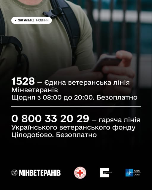 Інформаційний постер українською мовою: людина тримає смартфон на тлі вулиці; текст повідомляє про гарячі лінії підтримки ветеранів — 1528 Єдина ветеранська лінія Мінветеранів (щодня 08:00–20:00, безоплатно) та 0 800 33 20 29 гаряча лінія Українського ветеранського фонду (цілодобово, безоплатно); унизу логотипи Міністерства ветеранів України, Червоного Хреста та НАТО