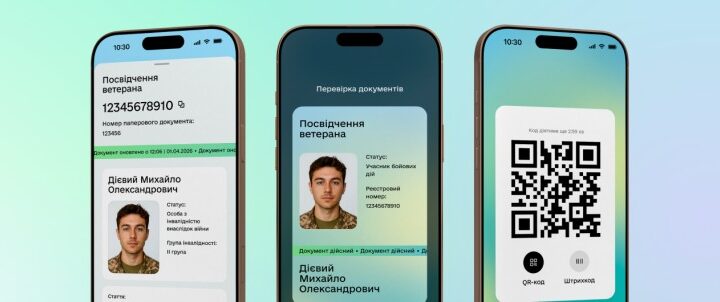 Три смартфони з відкритими цифровими посвідченнями ветерана; ліворуч — ID із фото та даними; по центру — екран перевірки документа; праворуч — QR‑код для сканування