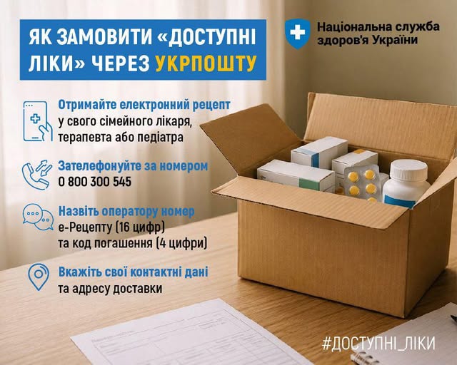 Інформаційний постер українською мовою: картонна коробка з різними упаковками ліків та блістерами на столі; поруч блокнот і ручка; текст із покроковою інструкцією, як замовити “Доступні ліки” через Укрпошту — отримати електронний рецепт, зателефонувати 0 800 300 545, назвати номер е‑рецепту та код, вказати контактні дані й адресу доставки.