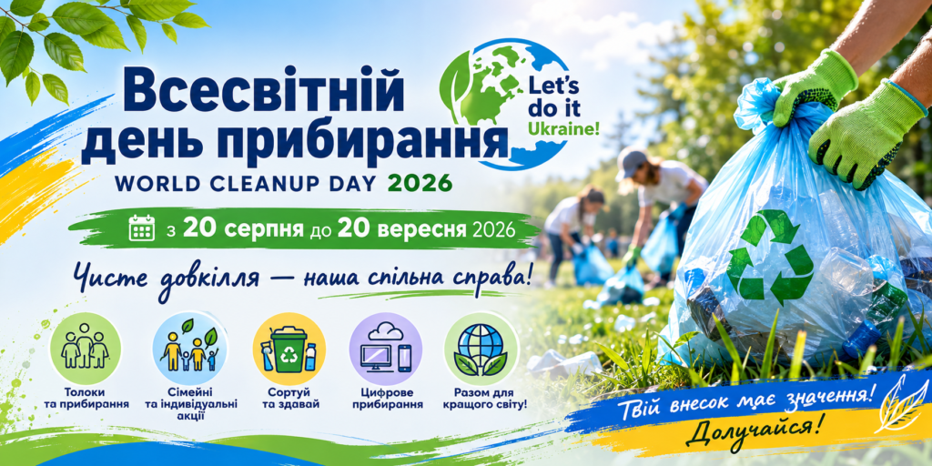 Інформаційний постер українською та англійською мовами: люди прибирають сміття на природі; у центрі руки в рукавичках тримають синій пакет із пластиковими пляшками; текст повідомляє: “Всесвітній день прибирання / World Cleanup Day 2026. З 20 серпня до 20 вересня 2026. Чисте довкілля — наша спільна справа! Толоки та прибирання. Сімейні та індивідуальні акції. Сортуй та здавай. Цифрове прибирання. Разом для кращого світу! Let’s do it Ukraine! Твій внесок має значення! Долучайся!”