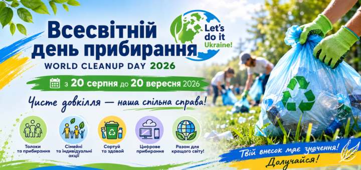 Інформаційний постер українською та англійською мовами: люди прибирають сміття на природі; у центрі руки в рукавичках тримають синій пакет із пластиковими пляшками; текст повідомляє: “Всесвітній день прибирання / World Cleanup Day 2026. З 20 серпня до 20 вересня 2026. Чисте довкілля — наша спільна справа! Толоки та прибирання. Сімейні та індивідуальні акції. Сортуй та здавай. Цифрове прибирання. Разом для кращого світу! Let’s do it Ukraine! Твій внесок має значення! Долучайся!”