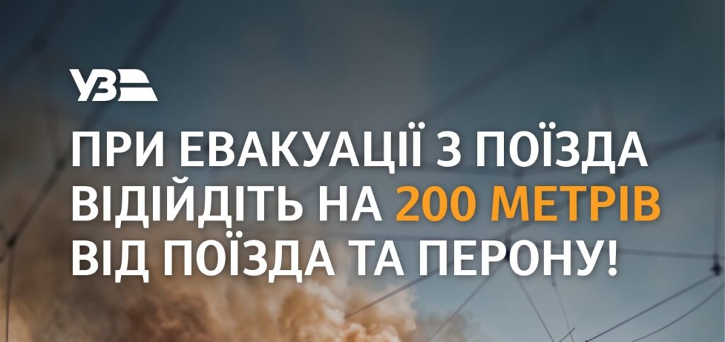 Інформаційний постер українською мовою: фон із залізничною сценою та димом; великий білий і помаранчевий текст — “При евакуації з поїзда відійдіть на 200 метрів від поїзда та перону!”