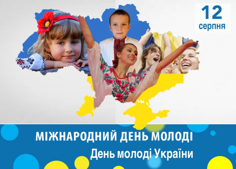 Кольоровий постер до Міжнародного дня молоді та Дня молоді України: карта України у синьо‑жовтих кольорах із зображеннями усміхнених молодих людей у традиційному та сучасному одязі; угорі дата “12 серпня”, унизу напис “Міжнародний день молоді / День молоді України”