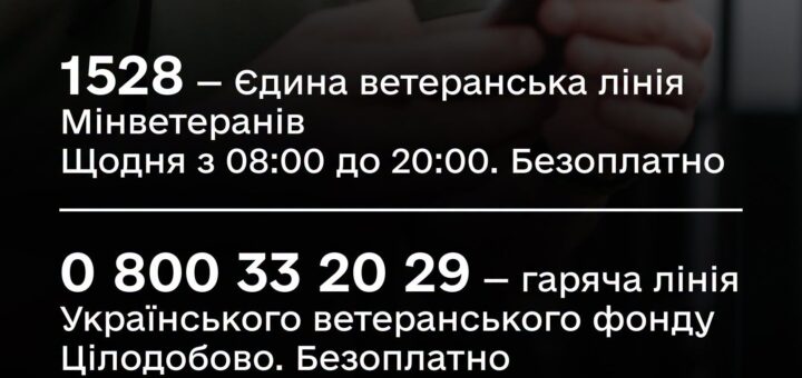 Інформаційний постер українською мовою: людина тримає смартфон; текст — “1528 — Єдина ветеранська лінія Мінветеранів, щодня з 08:00 до 20:00, безоплатно. 0 800 33 20 29 — гаряча лінія Українського ветеранського фонду, цілодобово, безоплатно”.