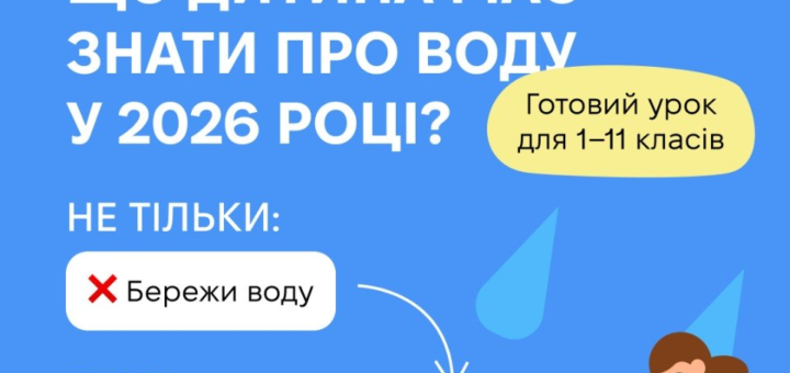 Освітній постер українською мовою: яскраве синє тло, стилізовані ілюстрації людини, крапель води та піктограм безпеки й тестування; текст — “Що дитина має знати про воду у 2026 році? Готовий урок для 1–11 класів. Не тільки: бережи воду. А ще: як зрозуміти, чи вона безпечна? як її перевірити? що робити, коли вдома зникла вода?”. Унизу логотипи МОН, партнерів та UNICEF.