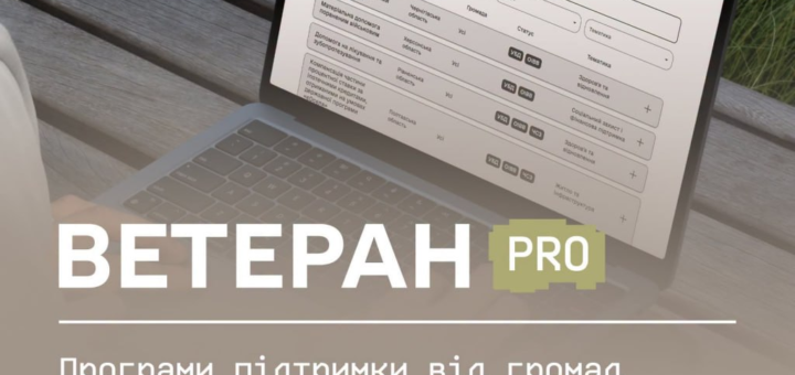Інформаційний постер українською мовою: людина працює за ноутбуком на дерев’яній лавці просто неба; на екрані — сторінка “Послуги по регіону” з фільтрами для вибору області, громади та категорій допомоги; унизу банер “ВЕТЕРАН PRO — програми підтримки від громад в одному місці” з логотипами Кабінету Міністрів України та Міністерства у справах ветеранів.