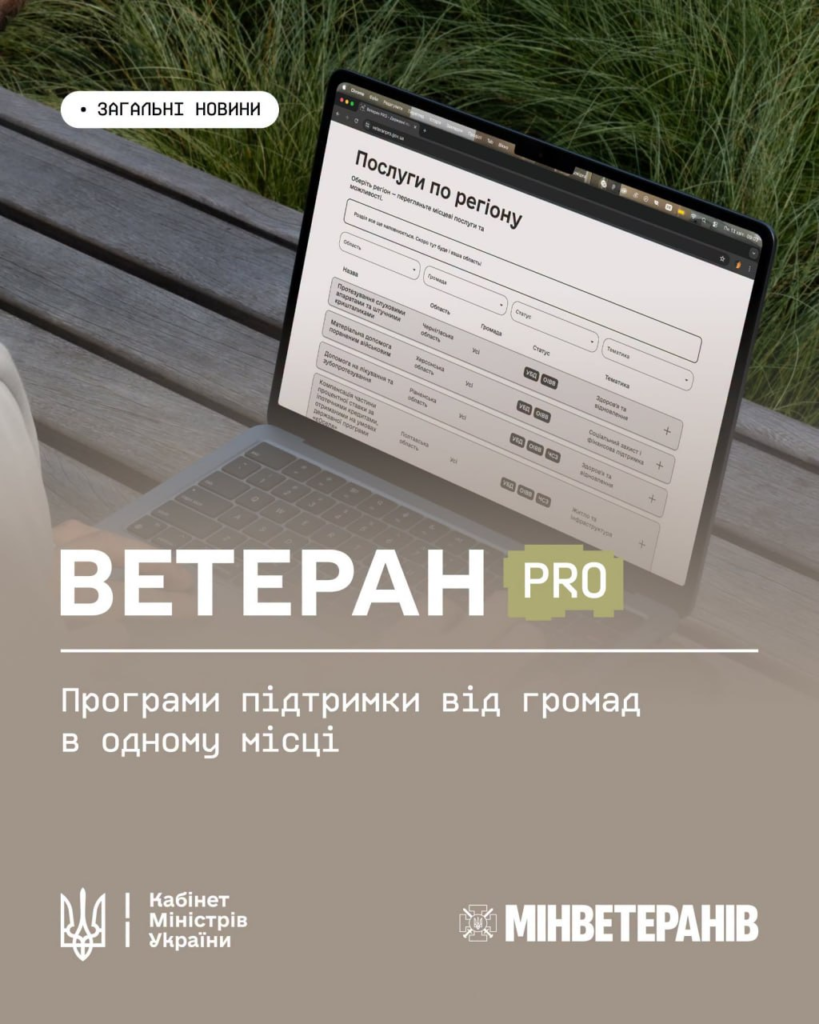 Інформаційний постер українською мовою: людина працює за ноутбуком на дерев’яній лавці просто неба; на екрані — сторінка “Послуги по регіону” з фільтрами для вибору області, громади та категорій допомоги; унизу банер “ВЕТЕРАН PRO — програми підтримки від громад в одному місці” з логотипами Кабінету Міністрів України та Міністерства у справах ветеранів.