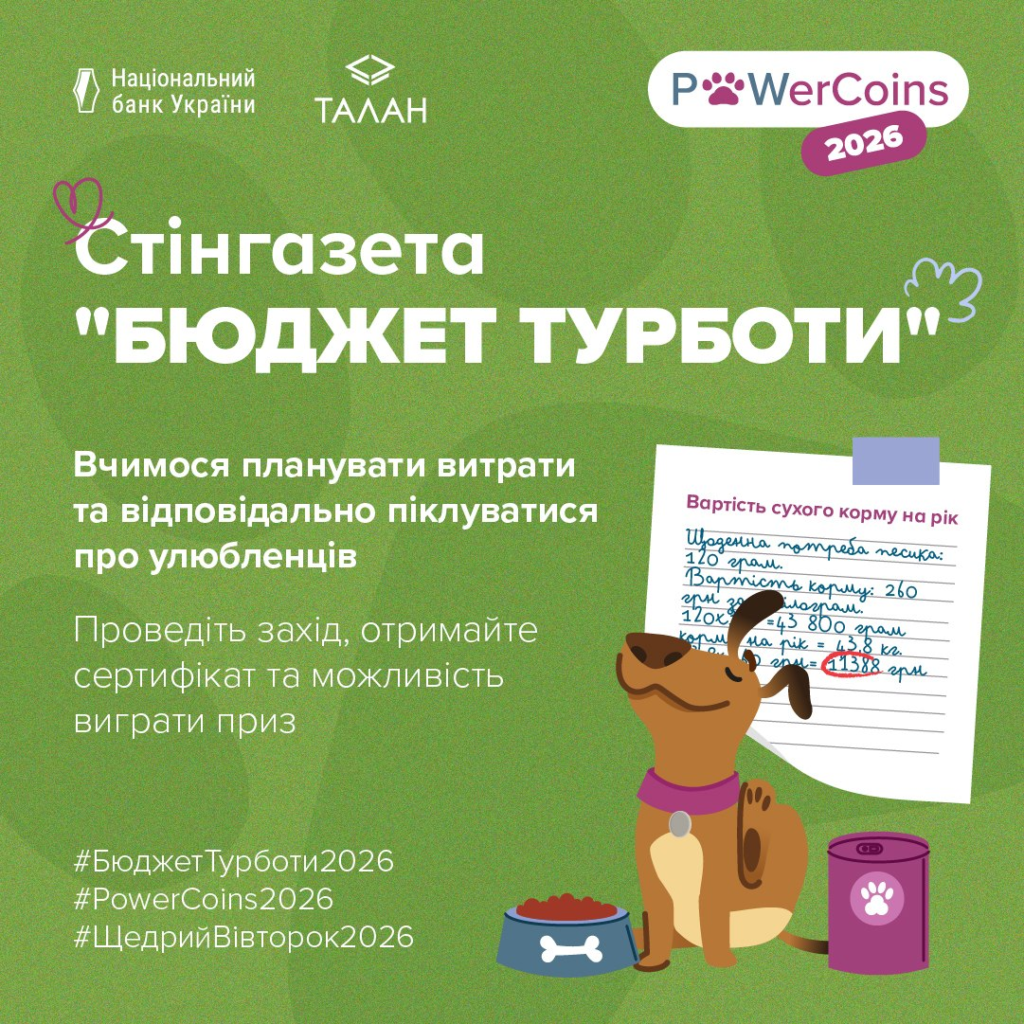 Освітній постер українською мовою: зелений фон, логотипи Національного банку України та TALAN; ілюстрації собаки, миски з кормом та контейнера з лапкою; текст — “Стінгазета ‘Бюджет турботи’. Вчимося планувати витрати та відповідально піклуватися про улюбленців. Проведіть захід, отримайте сертифікат та можливість виграти приз”.