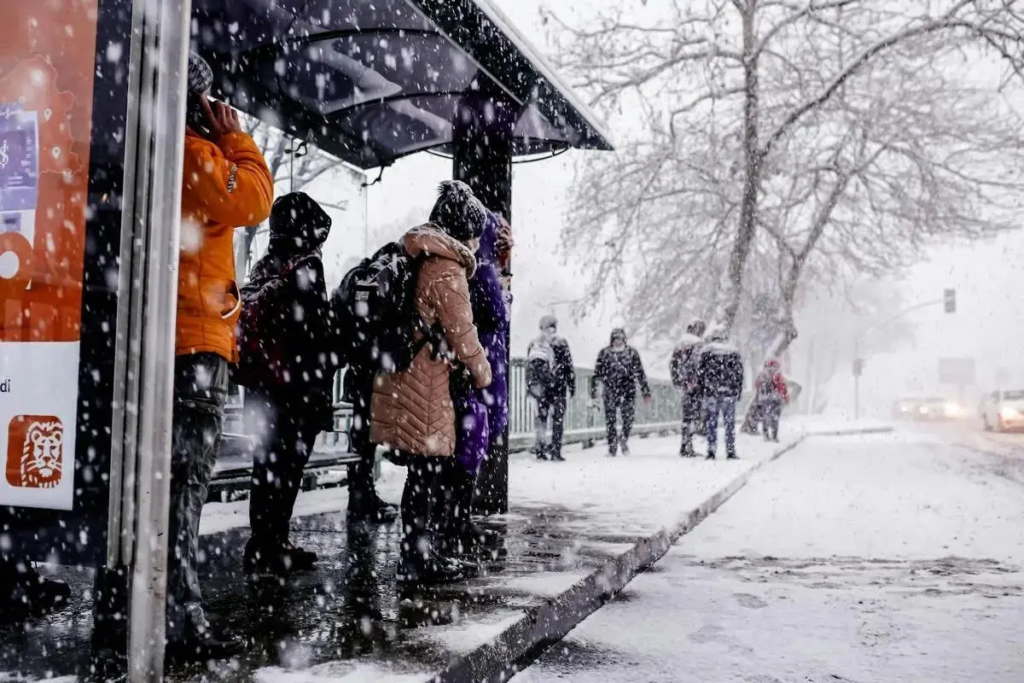 Зимова міська сцена: люди в теплих пальтах і шапках стоять на зупинці автобуса та йдуть засніженим тротуаром; падає сніг, дерева без листя, автомобілі з увімкненими фарами на тлі; атмосфера холодна й буденна.