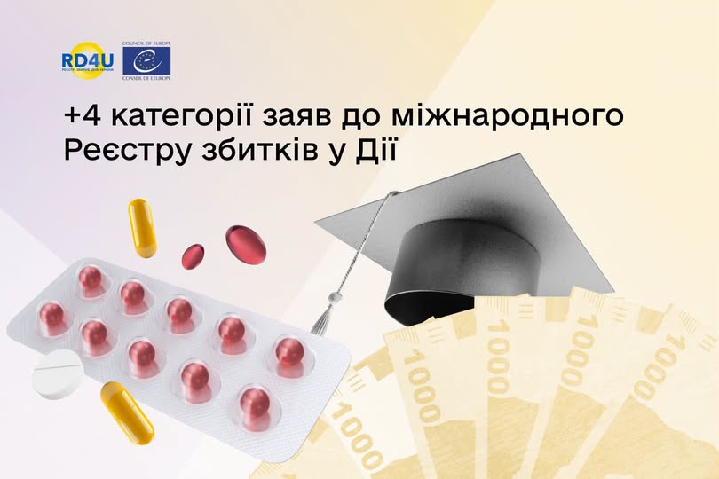 Інформаційний постер українською мовою: на синьому фоні зображено блістер із червоними капсулами, розсипані пігулки червоного та жовтого кольору, студентський капелюх із китицею та віяло банкнот номіналом 1000 гривень; угорі логотипи RD4U та Ради Європи; текст — “+4 категорії заяв до міжнародного Реєстру збитків у Дії”