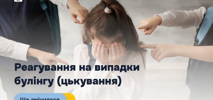 Інформаційний постер українською мовою: дитина прикриває обличчя руками, кілька інших дітей вказують пальцями на неї; фон — класна кімната; текст — “МІН’ЮСТ. Реагування на випадки булінгу (цькування). Що змінилося”