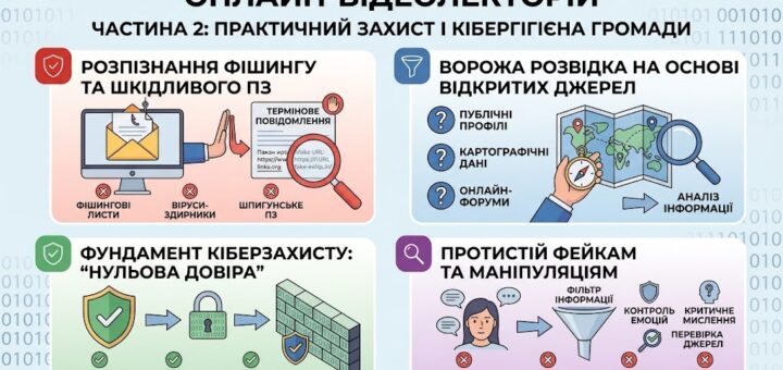 Інфографіка «Онлайн-відеолeкторій. Частина 2: Практичний захист і кібергігієна громади». Складається з чотирьох блоків: 1. Розпізнавання фішингу та шкідливого ПЗ. 2. Ворожа розвідка на основі відкритих джерел (OSINT). 3. Фундамент кіберзахисту: "Нульова довіра". 4. Протидія фейкам та маніпуляціям.