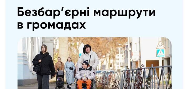 Інформаційний постер українською мовою: люди йдуть тротуаром, одна людина штовхає іншу у візку; текст — “Мінрегіон. Рух без бар’єрів. Безбар’єрні маршрути в громадах”. На тлі — міські будівлі, дерева та знаки пішохідних переходів.