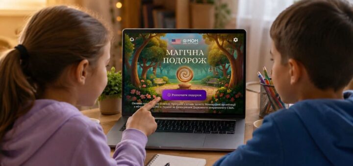 Інформаційний постер українською мовою: двоє дітей сидять за столом і дивляться на екран ноутбука; на екрані яскрава анімаційна сцена лісової стежки з деревами, квітами та сяючою спіраллю; текст — “Магічна подорож. Онлайн‑гра створена в межах Програми з питань захисту МОМ в Україні за фінансування Державного департаменту США”; унизу фіолетова кнопка “Розпочати подорож”.