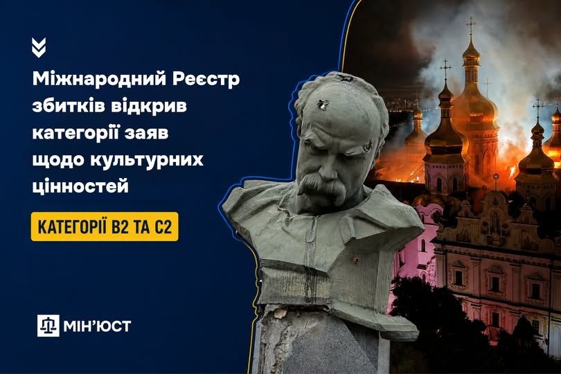 Інформаційний постер українською мовою: ліва частина — темно‑синій фон із текстом “Міжнародний реєстр збитків відкрив категорії заяв щодо культурних цінностей. Категорії B2 та C2. Мін’юст”; права частина — фото пошкодженої статуї з тріщинами та слідами куль, позаду палає церква із золотими куполами