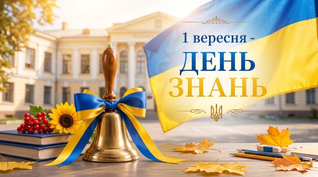 На дерев'яному столі стоїть золотий шкільний дзвоник із синьо-жовтим бантом, поряд — книги, соняшник та калина. На задньому плані — будівля школи та великий прапор України. Праворуч розташований текст: «1 вересня — ДЕНЬ ЗНАНЬ» із золотим Тризубом.