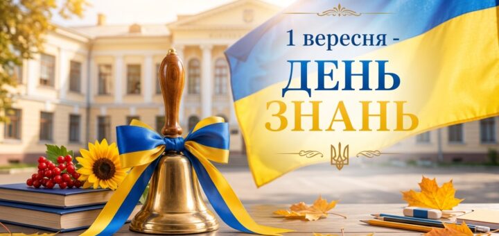 На дерев'яному столі стоїть золотий шкільний дзвоник із синьо-жовтим бантом, поряд — книги, соняшник та калина. На задньому плані — будівля школи та великий прапор України. Праворуч розташований текст: «1 вересня — ДЕНЬ ЗНАНЬ» із золотим Тризубом.