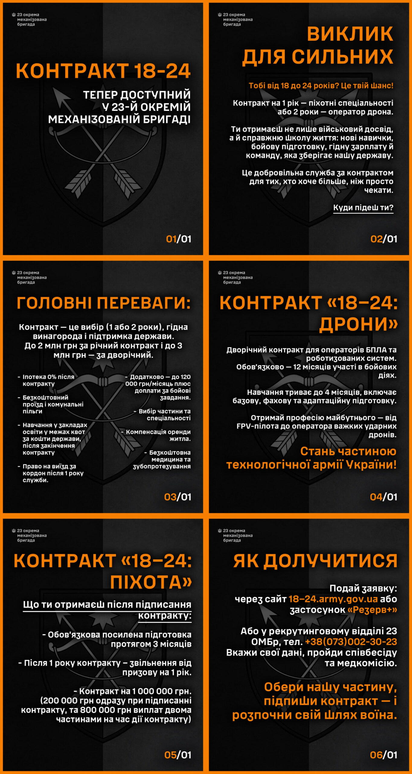Інформаційний військовий постер українською мовою: шість панелей у чорному та помаранчевому кольорах із емблемою 23‑ї окремої механізованої бригади (перехрещені стріли та меч); текст — “КОНТРАКТ 18–24”, “Виклик для сильних”, “Головні переваги”, “Контракт «18–24: ДРОНИ»”, “Контракт «18–24: ПІХОТА»”, “Як долучитися”; зазначено умови, переваги, навчання та контакти для подання заявки