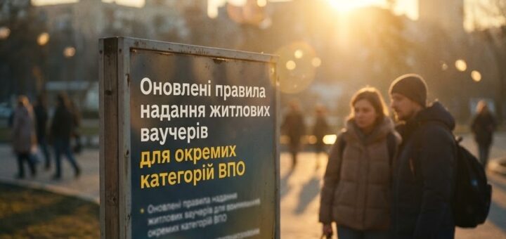 Інформаційний стенд у парку під час заходу сонця; кілька людей проходять поруч, двоє стоять біля дошки; текст на стенді — “Оновлені правила надання житлових ваучерів для окремих категорій ВПО”. Атмосфера тепла й спокійна