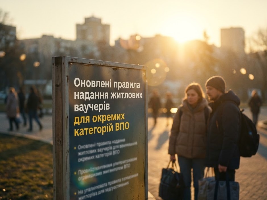 Інформаційний стенд у парку під час заходу сонця; кілька людей проходять поруч, двоє стоять біля дошки; текст на стенді — “Оновлені правила надання житлових ваучерів для окремих категорій ВПО”. Атмосфера тепла й спокійна