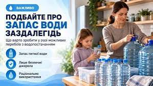 Жінка та дитина наповнюють великі пластикові пляшки водою на кухні. Ліворуч текст українською мовою із порадами щодо запасу води.