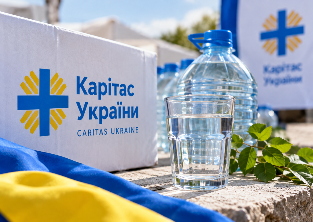 гуманітарна допомога від «Карітас України». Білий ящик із логотипом організації, поруч склянка води та гілочка зелені. На передньому плані видно український прапор, позаду — великі пляшки з водою та банер із тим самим логотипом.