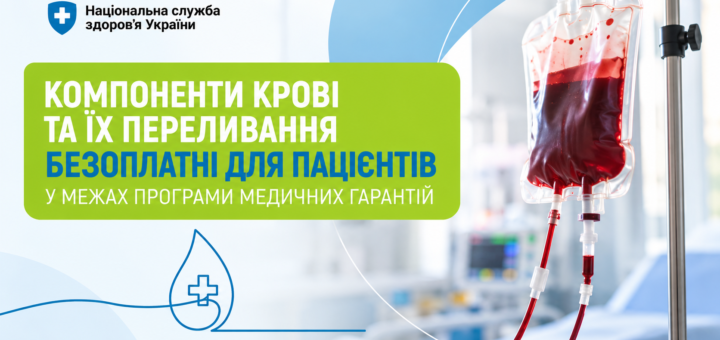 Медичний плакат із логотипом Національної служби здоров’я України та фотографією пакета для переливання крові. Текст повідомляє про безоплатність компонентів крові та їх переливання для пацієнтів у межах програми медичних гарантій.