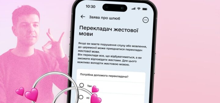 Смартфон із відкритою формою «Заява про шлюб». Видно розділ «Перекладач жестової мови» з поясненням про можливість залучення перекладача для осіб із порушеннями слуху чи мовлення. Поруч людина показує жест, навколо декоративні елементи — рожеві серця та обручки.