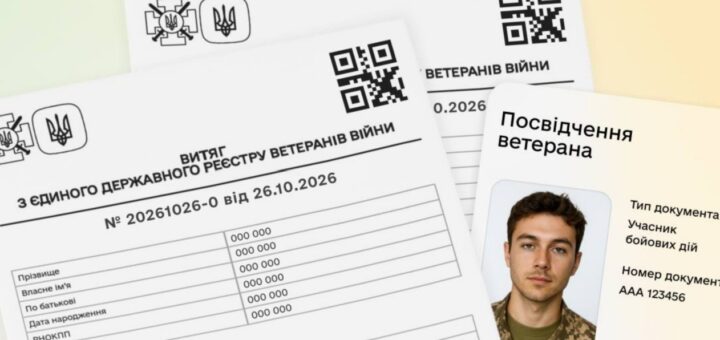 Документ із гербом України та QR‑кодом із заголовком «Витяг з Єдиного державного реєстру ветеранів війни». Поруч посвідчення ветерана з фотографією у військовій формі та написом «Учасник бойових дій».