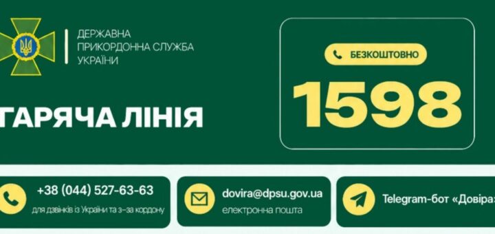 Інформаційний плакат Державної прикордонної служби України з контактними номерами гарячої лінії, електронними адресами та QR‑кодом. Угорі великий напис «1598».