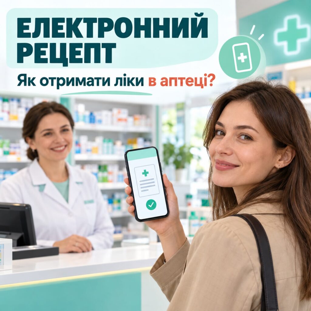 Людина стоїть біля аптечного прилавку з телефоном, на екрані якого видно іконку електронного рецепта з зеленою галочкою. За прилавком фармацевт, навколо полиці з ліками.