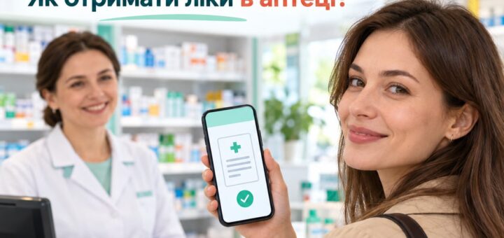 Людина стоїть біля аптечного прилавку з телефоном, на екрані якого видно іконку електронного рецепта з зеленою галочкою. За прилавком фармацевт, навколо полиці з ліками.