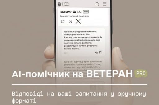 Смартфон у руці показує сайт «Veteran Pro» з написом «AI‑помічник на Veteran Pro». На фоні — бежевий плакат із логотипами Кабінету Міністрів України та Міністерства у справах ветеранів.
