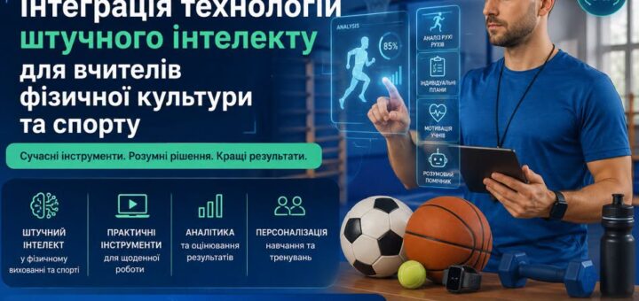 Плакат із людиною у спортивному середовищі, яка взаємодіє з цифровим голографічним інтерфейсом. На столі спортивний інвентар: м’ячі, гантелі, пляшка з водою. Текст українською мовою про онлайн‑курс інтеграції технологій штучного інтелекту для вчителів фізичної культури та спорту.