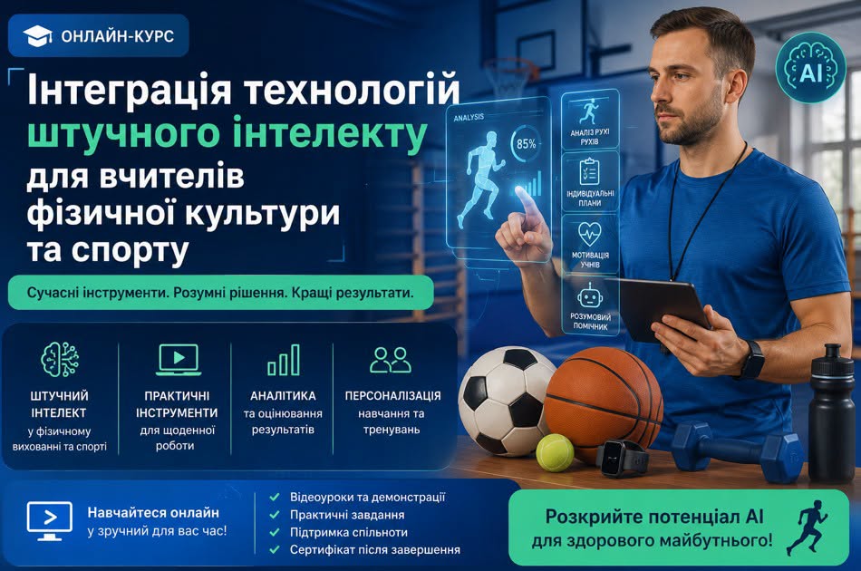 Плакат із людиною у спортивному середовищі, яка взаємодіє з цифровим голографічним інтерфейсом. На столі спортивний інвентар: м’ячі, гантелі, пляшка з водою. Текст українською мовою про онлайн‑курс інтеграції технологій штучного інтелекту для вчителів фізичної культури та спорту.