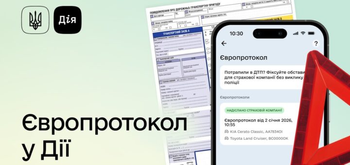 Смартфон із відкритим застосунком «Дія», на екрані — цифрова форма «Європротоколу» для фіксації ДТП. Поруч видно паперовий бланк та червоний аварійний трикутник.