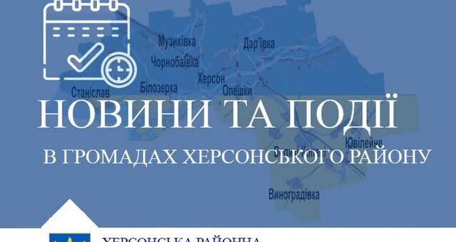 Графічний банер із синім тлом та картою Херсонського району. Виділені назви кількох громад. Текст: «Новини та події в громадах Херсонського району». Унизу — герб України та напис «Херсонська районна державна (військова) адміністрація»