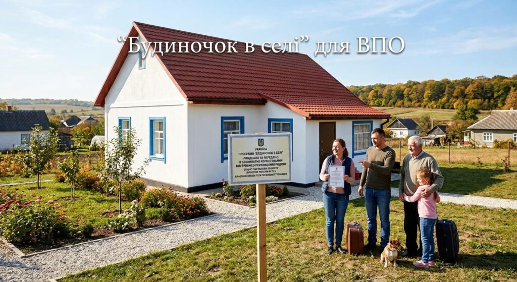 Невеликий білий будинок із червоним дахом у сільській місцевості. Перед ним стоїть група людей із валізами та собакою, вони отримують документ. На плакаті написано «Будиночок в селі» для ВПО.