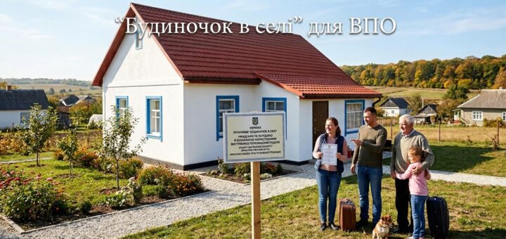 Невеликий білий будинок із червоним дахом у сільській місцевості. Перед ним стоїть група людей із валізами та собакою, вони отримують документ. На плакаті написано «Будиночок в селі» для ВПО.